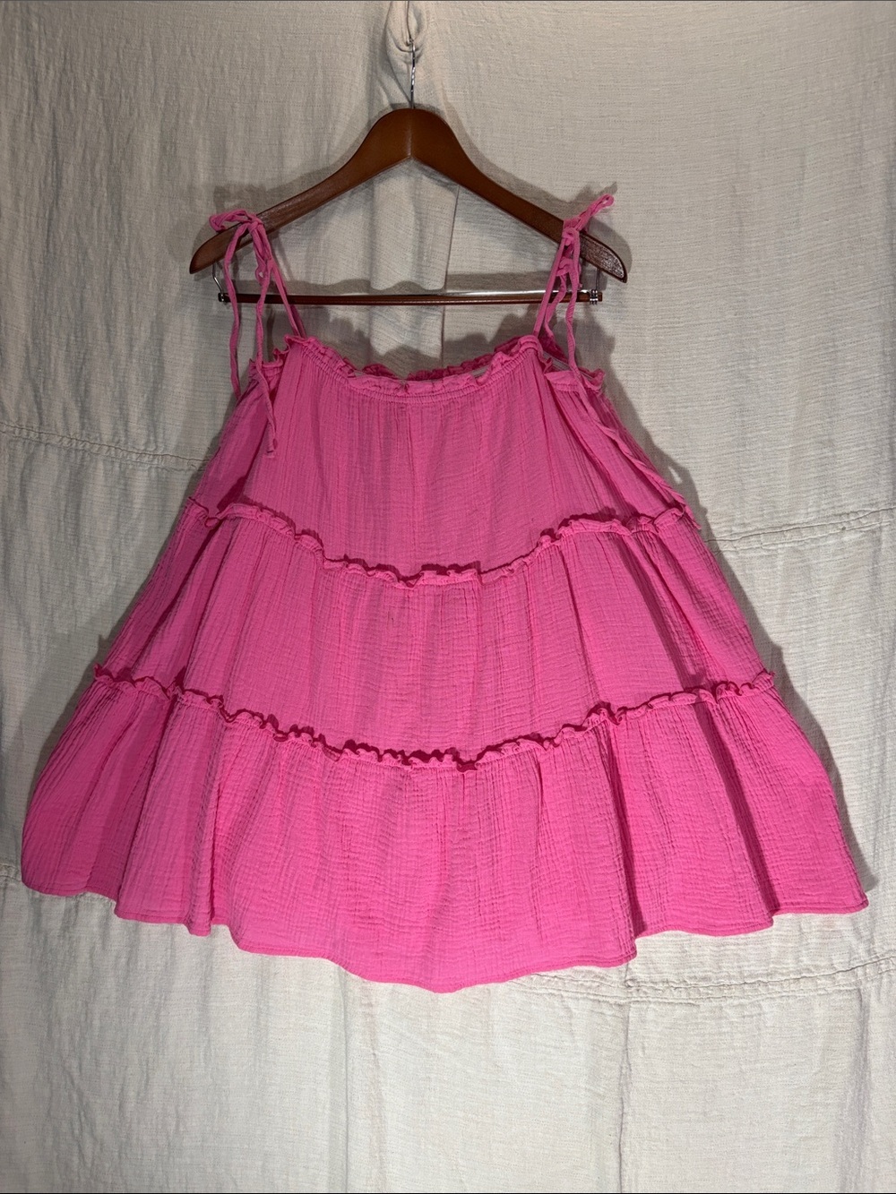 HYFVE Pink Tiered Gauze Babydoll Tie Strap Mini Dress 100% Cotton Lined Size L